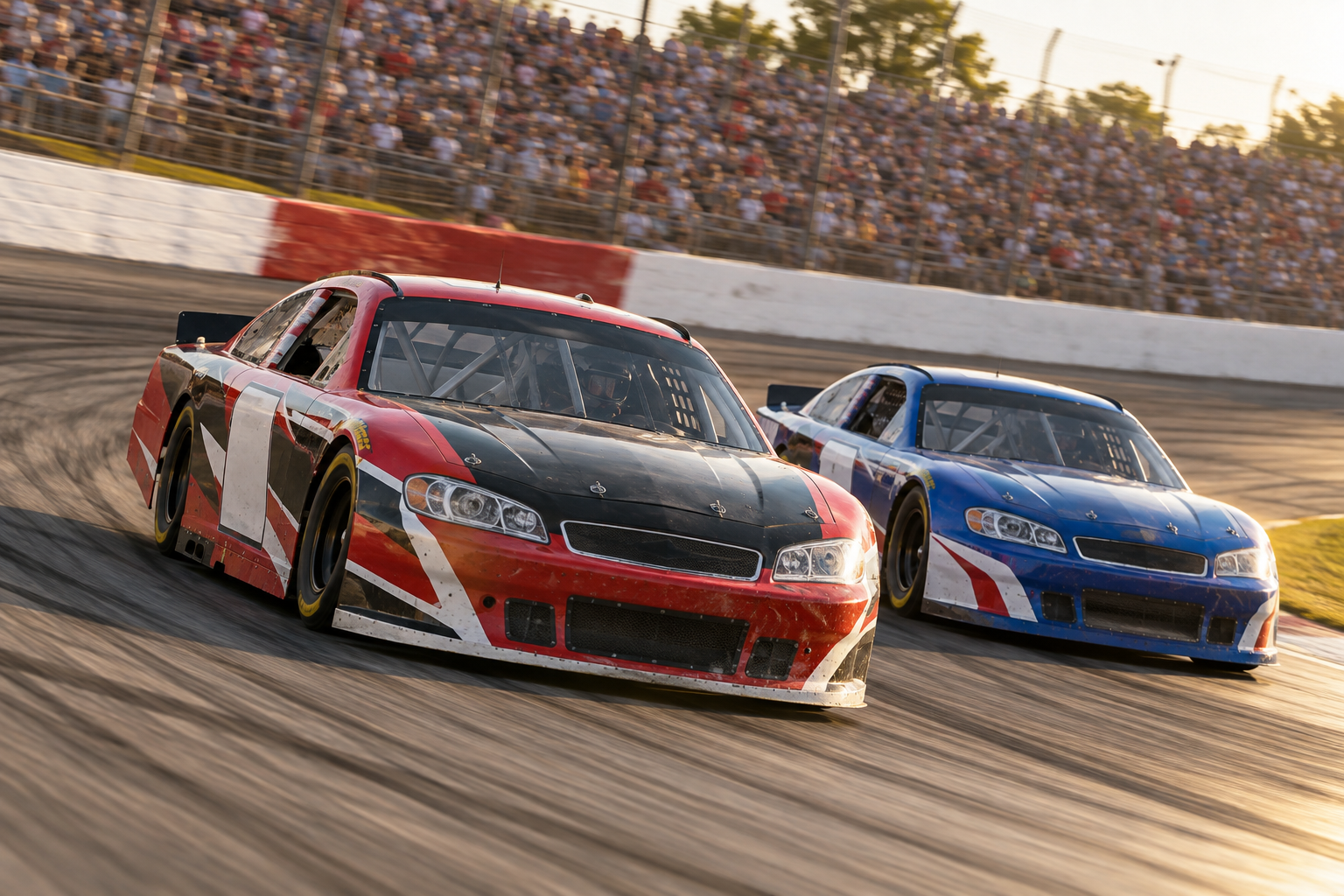 Stock cars racing on a short track